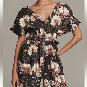 NWT Anthropologie V-Neck Zip Front Floral Black Dress